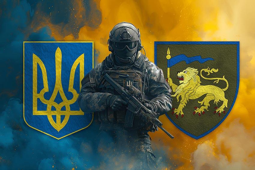 Прапор 60 ОМБр ЗСУ Воїн з гербом України та підрозділу