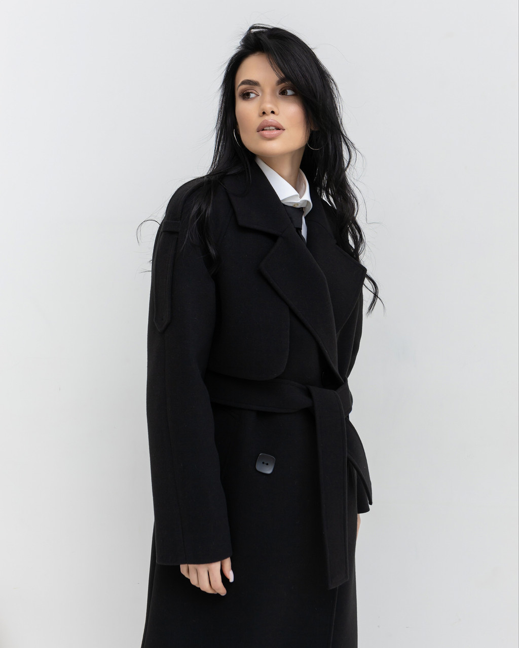 Утеплене довге жіноче чорне двобортне класичне пальто, єврозима, фото 1