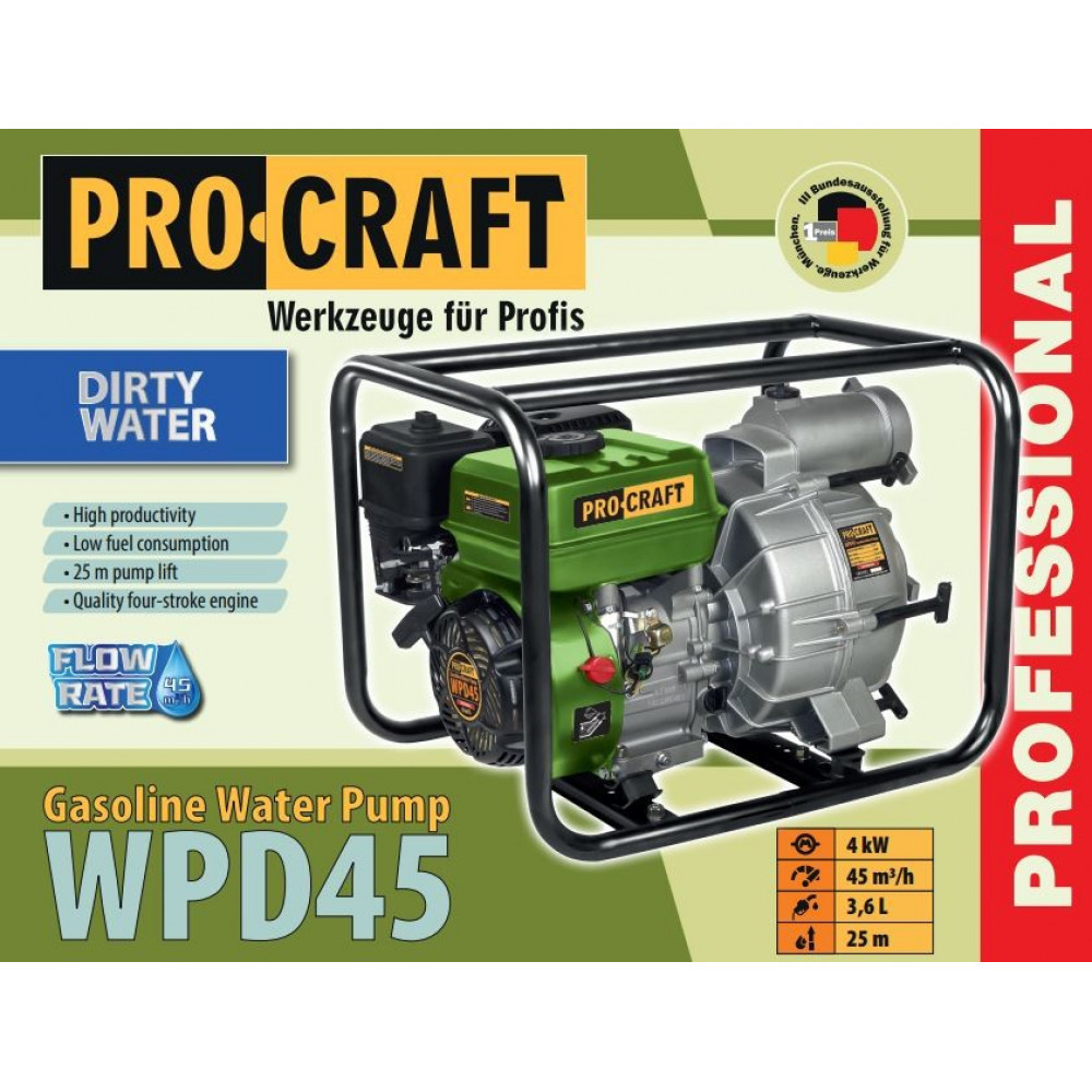 Бензиновая Мотопомпа Procraft WPD45 45 куб.м (для грязной воды, высокая производительность, низкий расход топ - фото 2 - id-p2102490744