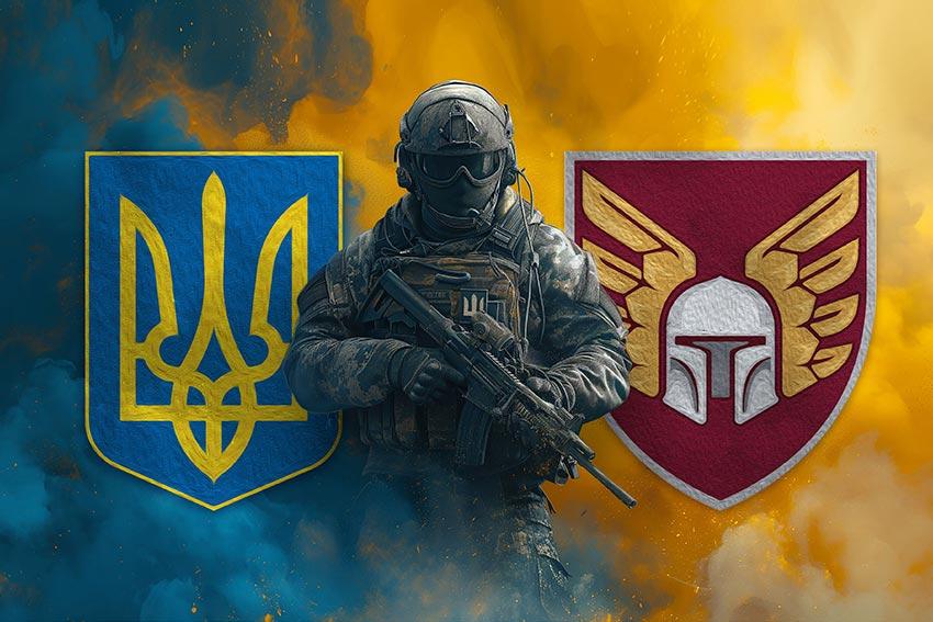 Прапор 46 ОАеМБр ДШВ ЗСУ Воїн з гербом України та підрозділу