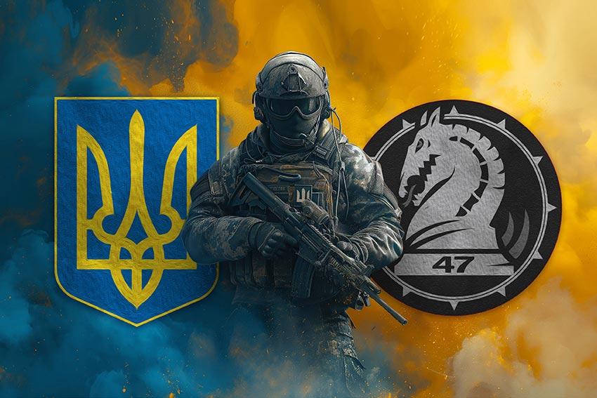 Прапор 47 ОМБр «Маґура» ЗСУ Воїн з гербом України та підрозділу
