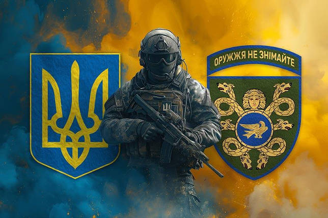 Прапор 53 ОМБр імені Володимира Мономаха ЗСУ Воїн з гербом України та підрозділу, фото 1