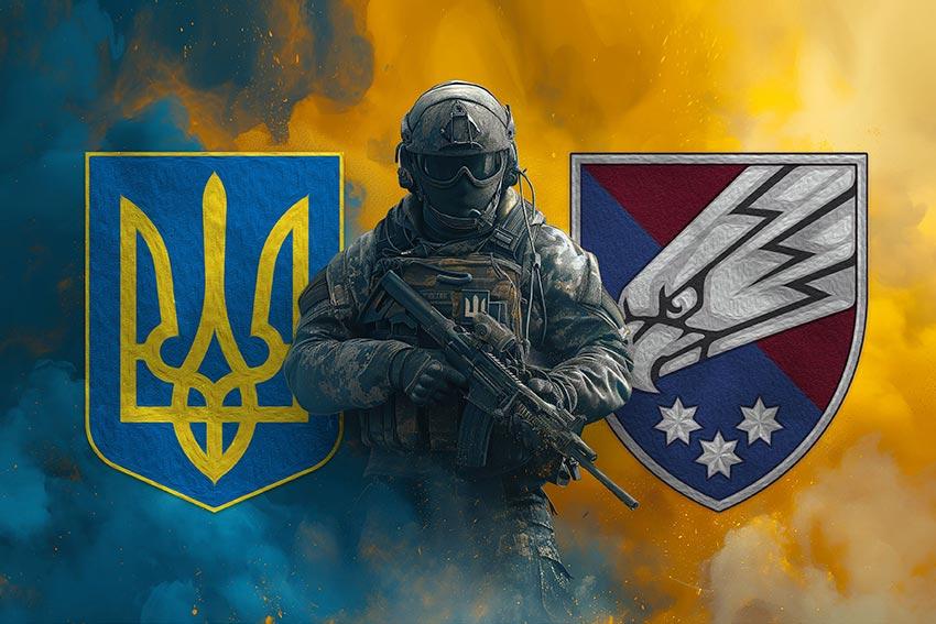 Прапор 25 ОПДБр Січеславської ДШВ ЗСУ Воїн з гербом України та підрозділу