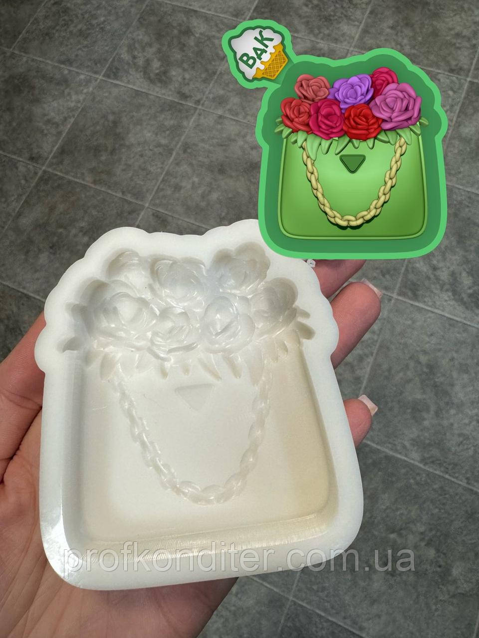 Ексклюзив! Силіконовий молд для шоколаду та ін "Сумочка з квітами ХЛ №2", фото 1