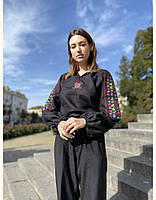 Вишиванка жіноча лляна чорна "Yavorivska" з кольоровою вишивкою