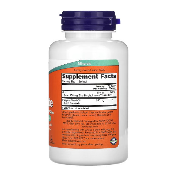 NOW Foods Zinc Glycinate 30 mg 120 Softgels - фото 2 - id-p2102558288