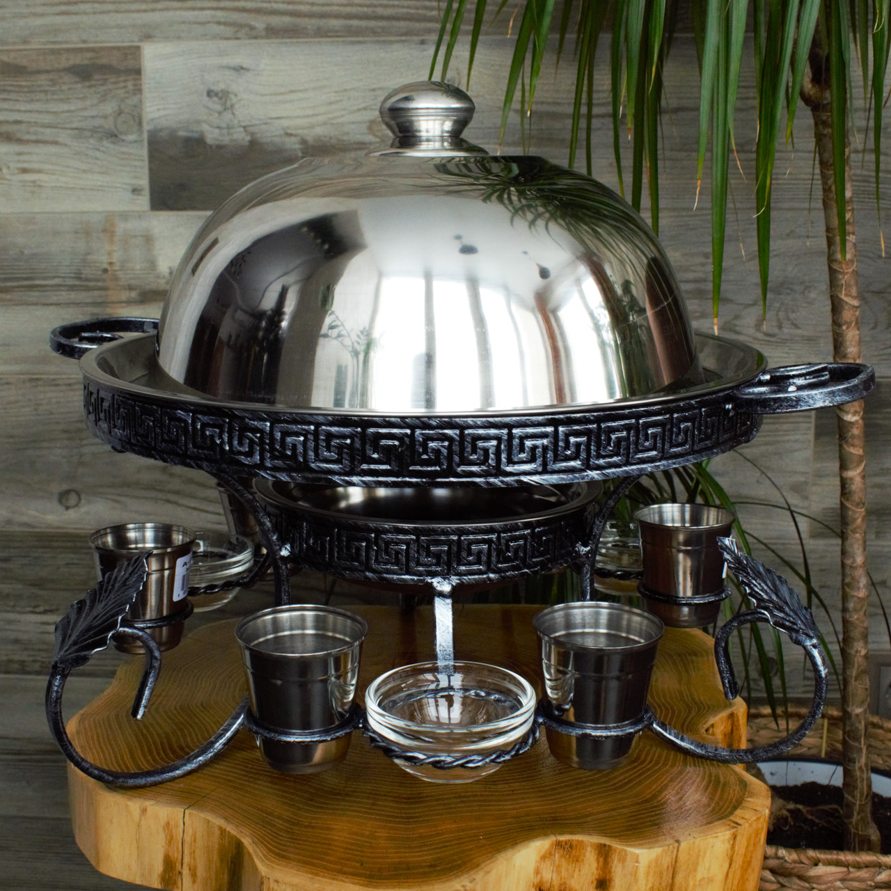 Садж для подачі шашлику з підігрівом "Греція" 36 см, кований із соусниками та чарками