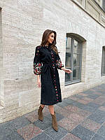 Платье вышиванка черное с цветочным орнаментом ESQ 2391, женское вышитое платье на пуговицах