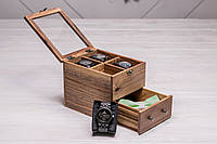 Деревянный органайзер для часов с шухлядой ящичком для аксессуаров Коробочка из дерева Без гравировки, Стеклянная крышка