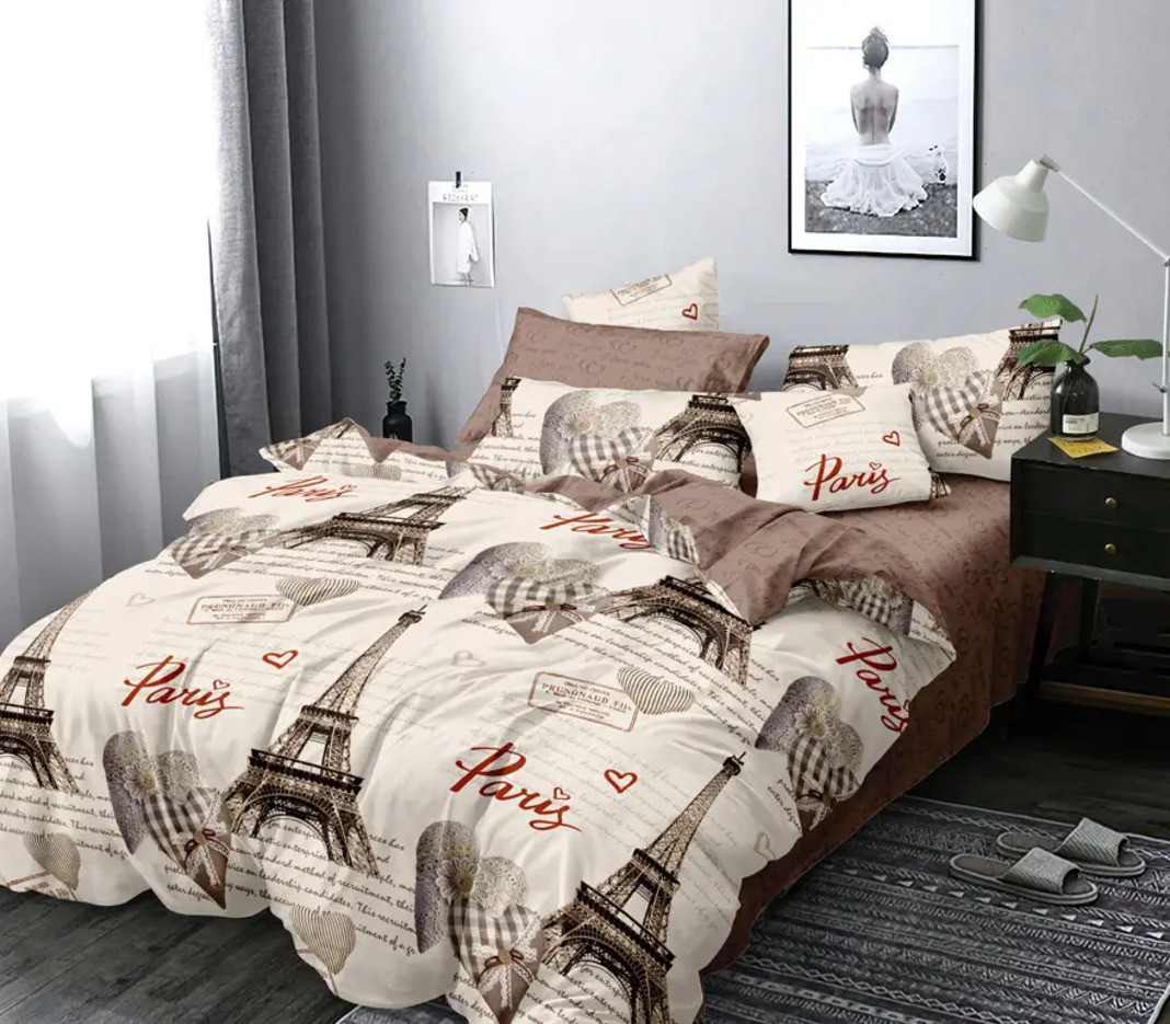 Сімейна сатинова постільна білизна з двома підковдрами (22123) Якісний постільний сімейний комплект, фото 1