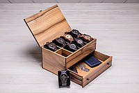 Коробочка для часов со стеклянной крышкой с ящиком с индивидуальной персонализацией Гравировка + подарочная упаковка + открытка, Деревянная крышка