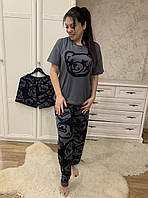 Женский домашний коттоновый костюм ТРОЙКА штаны шорты футболка с принтом размеры L-XXL