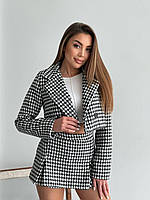 Женский классический,деловой твидовый костюм 2-ка( юбка-шорты и укороченный пиджак),в гусинную лапку,черный Гусиная лапка, Бело-черный, М