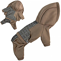 Одежда костюм для собак весна осень трёхнитка комбинезон Клетчатый двухцветный с капюшоном Бежевый 3