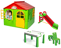 Середній ігровий будиночок зі шторками, пластикова гірка і столик зі стільчиком ТМ Doloni