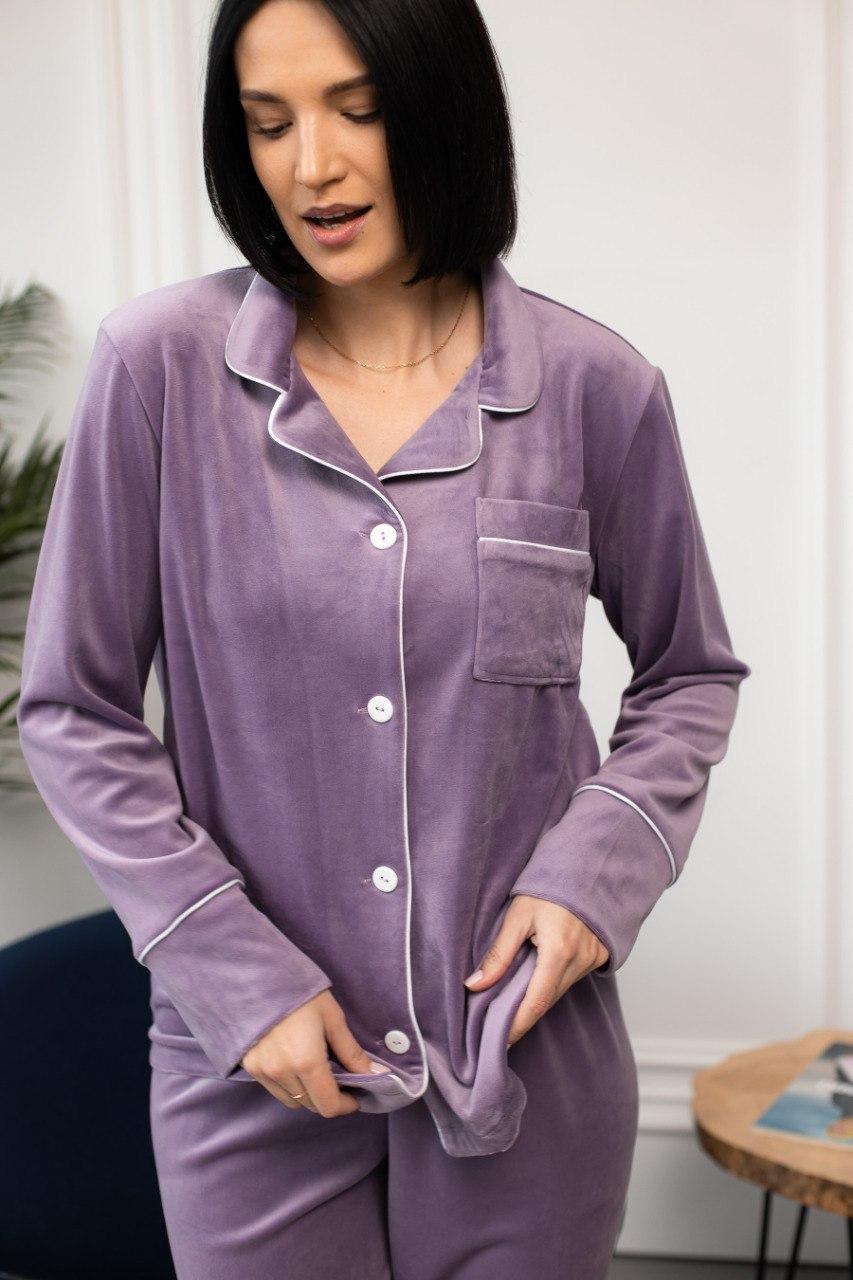 Домашній костюм Піжама жіноча ВЕЛЮР на гудзиках сорочка і штани ЛІЛОВИЙ BRAND 200230, фото 1