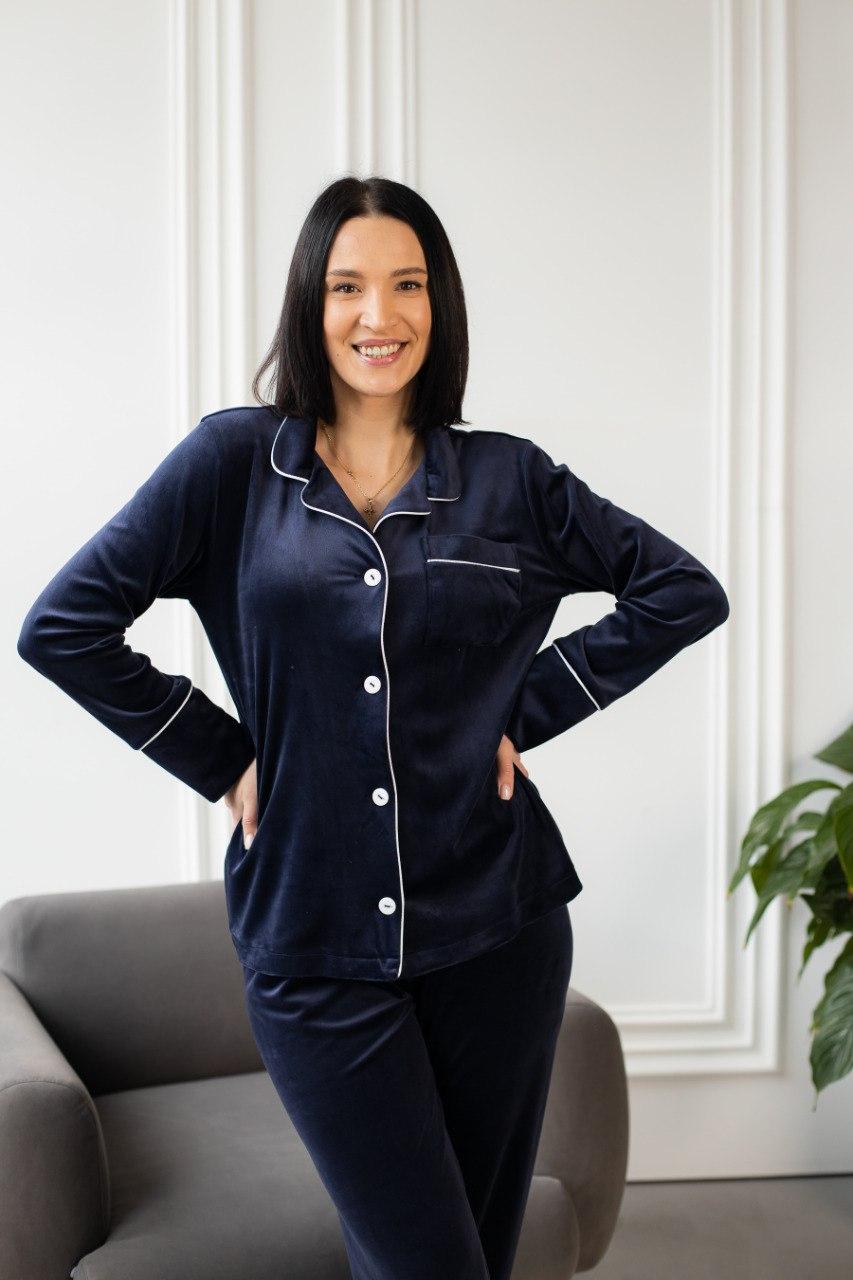 Домашній костюм Піжама жіноча ВЕЛЮР сорочка і штани СИНІЙ BRAND, фото 1