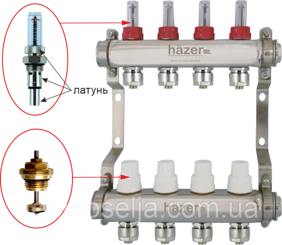 Колектор для теплої піддлоги HAZER 102/07 на 4 ВИХОДИ