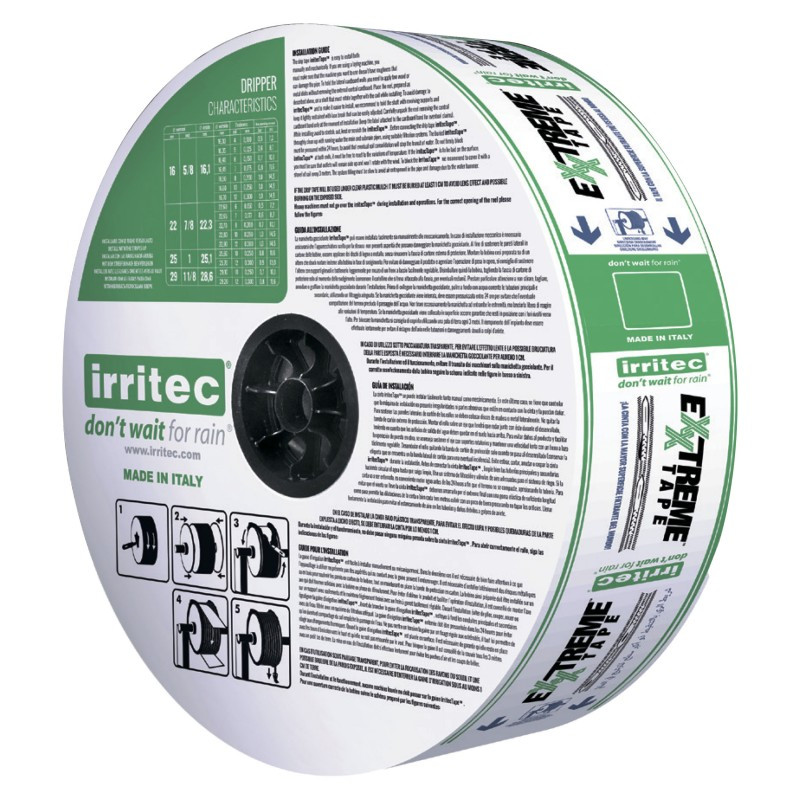 Щілинна крапельна стрічка 16 мм, крок 15 см, товщ 0,2 мм (8 mil), 1,2 л/год, Irritec Exxtreme Tape, (бухта 2300 м)