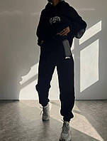 Качественный базовый теплый женский спортивный костюм MCLLCTN трехнитка худи и штаны на флисе Черный, 48/52