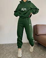 Качественный базовый теплый женский спортивный костюм MCLLCTN трехнитка худи и штаны на флисе Зеленый, 42/46