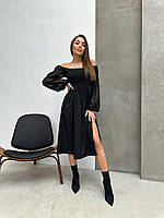 Женское стильное платье миди с разрезом ткань: софт+сетка Мод 130