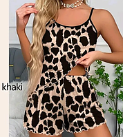 Шелковая женская пижама с шортами и топом мягка и приятная к телу, леопардовая пижама