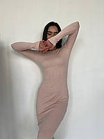 Женское облегающее платье миди с ангоры в рубчик ангоровое платье теплое за колено бежевое 42-44 46-48 50-52