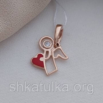 Підвіска золота Янгол з білим круглим фіанітом та сердечком з червоною емаллю