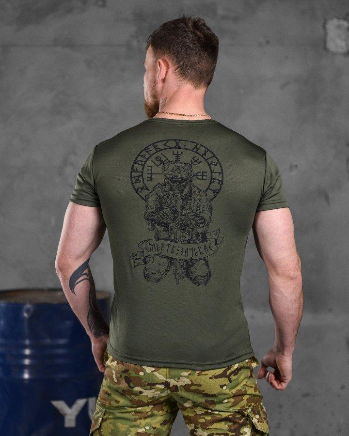 Футболка уставная олива, мужская тактическая футболка приталенного кроя потоотводная с принтом - фото 8 - id-p2102748357