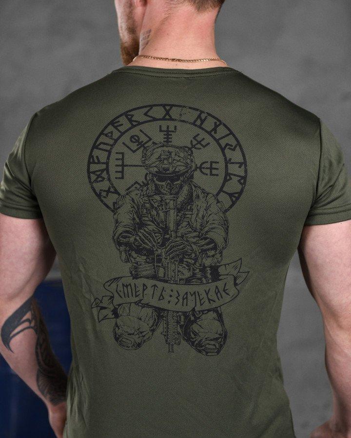 Футболка уставная олива, мужская тактическая футболка приталенного кроя потоотводная с принтом - фото 9 - id-p2102748357