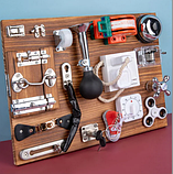 Бізіборд деревяний C 64845, дзвінок, застібки, таймер, розетка, замки, шнурівка, перемикач, кран, фіджет, фото 2