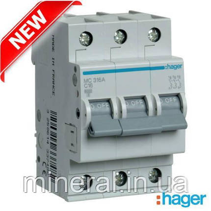 Автоматичний вимикач 3P 6kA C-16A 3M, Hager, (MCN316), фото 1