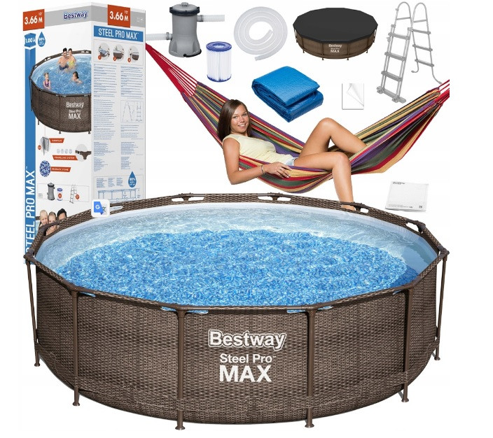 Каркасний басейн Bestway 56709 Rattan 366x100см + накриття та килимок, садовий гамак