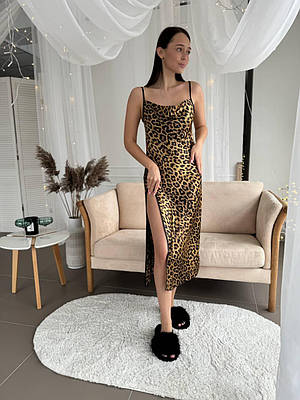 Жіноча шовкова комбінація-сукня для сну принт леопард довжина міді ночнушка
