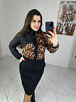 Костюм-двойка: рубашка+юбка (черный+принт леопард), на рабочих пуговицах, на рукавах манжеты; юбка : на резинк