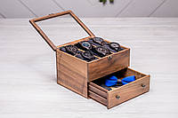Персонализированный деревянный органайзер - коробочка для часов с ящиком для аксессуаров Гравировка + подарочная упаковка + открытка, Стеклянная крышка