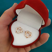 Жіночі сережки "Золоте переплетення двох сердець" ювелірний сплав із цирконами - подарунок дівчині в коробочці