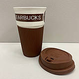 Стакан керамічний з силіконовою кришкою 400 мл Starbucks 9703 коричнева з білим, фото 3