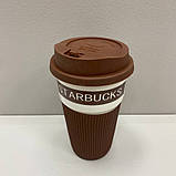 Стакан керамічний з силіконовою кришкою 400 мл Starbucks 9703 коричнева з білим, фото 2