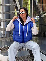 Базовая женская теплая стильная укороченная жилетка весенняя безрукавка с карманами плащевка оверсайз 42-48 Синий