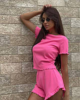 Женский стильный базовый красивый молодежный однотонный домашний костюм (пижама) топ и шорты Малина, 42/44