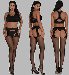 Колготки панчохи у дрібну сітку з вирізами на стегнах, Колготки-бодістокінг, Панчохи на поясі у дрібну сітку