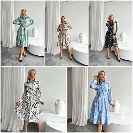 Плаття софт міді з довгими рукавами та поясом розміри норма, фото 1