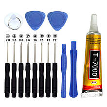 Набір для ремонту смартфона 14 в 1 / викрутки / медіатори / лопатки / присоска / клей T7000 чорний 15 ml