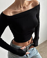 Женский стильный модный молодежный базовый черный топ с открытыми плечами