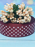 Репсова стрічка у білий горох 2,5 см, колір- бордо, Бобіна, Бордовий