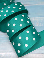 Репсова стрічка 4 см, білий горох на бірюзовому, метр