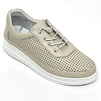Жіночі шкіряні кеди бежево-срібного кольору на шнурівці з перфорацією Springer RW010 SR707-8 розмір 36
