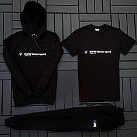Мужской чёрный спортивный костюм BMW motorsport весенний-осенний, Стильный чёрный комплект БМВ 3в1 + Футболка